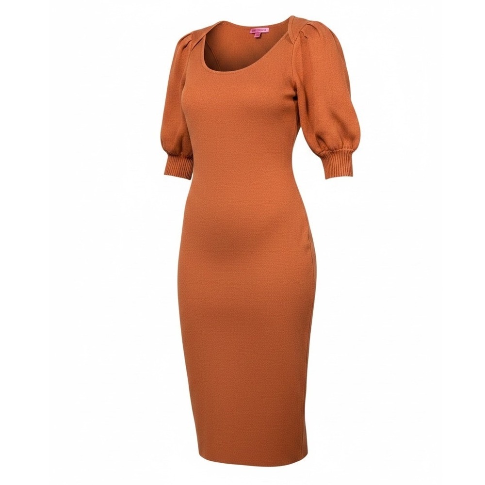 Betsey Johnson Knit Sweater Dress Fall Burnt Orange Puff Sleeve Midi L